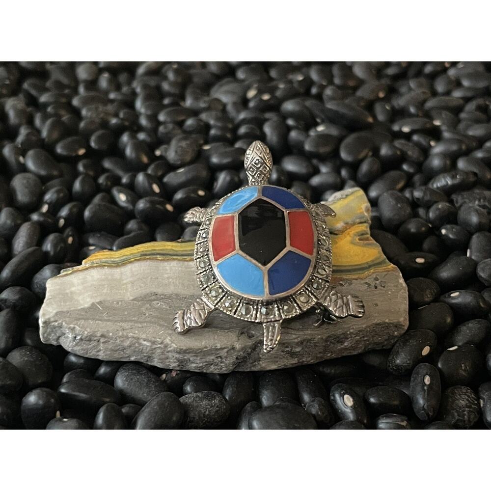 Sterling Silver Marcasite Enamel Turtle Tortuga Tortoise Brooch Pin 🐢Red Blue - Picture 4 of 10